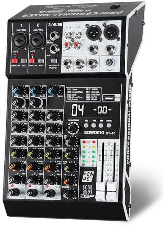 Audio-Mixer 4-Kanal Professionelles Soundmischpult mit 99DSP-Effekten, Kompaktes DJ-Mischpult mit USB, Bluetooth, 48V Phantomspeisung und PAD-Taste für Aufnahme, Karaoke, PA, Schlagzeug und Live-Musik