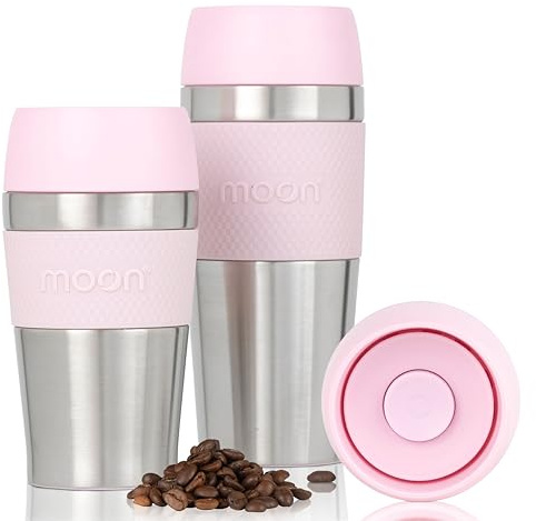 Moon 360° Travel Mugs - Leakproof Reusable Coffee Cup for Hot Drinks - Insulated Stainless Steel Thermal Mug, Fits Car Cup Holders (450ml, Recycled Metal/Pink)