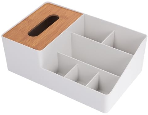 Hemobllo Caja Organizadora de Escritorio Multifuncional de Bambú y Madera con Dispensador de Pañuelos para Sala de Oficina y Hogar Diseño Simple y Gran Capacidad con Compartimentos para