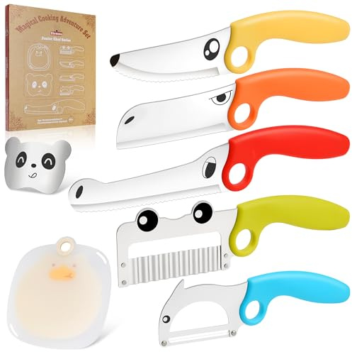 ZLemma Kids Kitchen Knife Set with Magic Book Gift Box & Educational Ring, 7-Piece Animal Cooking Tools, Safe Stainless Steel Knives, Finger Guard & Cutting Board, Montessori Cooking Set for Kids