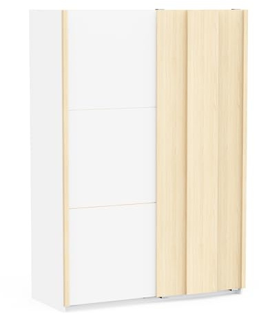 Armoire Portes Coulissantes avec Penderie et Etagères – Décor Blanc et Bois de Chêne – Armoire de Chambre d’Adulte Très Tendance – Made in France