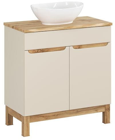 Lomadox Badezimmer Waschtisch 80 cm in Kaschmir und Eiche mit Aufsatzwaschbecken & Baumkantenoptik, stehend, modern, grfflos