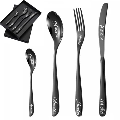 Individuell graviertes Besteck, 1 Set von 4 Stück, personalisiertes Besteck für Erwachsene, Gabel, Messer, Löffel und Teelöffel graviertes Edelstahl-Besteck-Set (Schwarz)