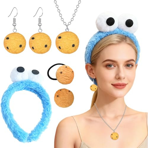 QITHGYD 5 Stück Krümelmonster Kostüm Damen Set, mit Krümelmonster Haarreif, Halskette, Ohrring, Haargummi und Haargabel, Krümelmonster Accessoires, für Halloween Cosplay Fasching Karneval Kostüm
