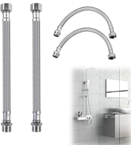 Flexschlauch 3/8 Zoll, 4 Stück 304 Edelstahl Panzerschläuche mit 20cm & 10cm Längen, universell für Wasserhahn, Spüle, WC, Waschmaschine & Geschirrspüler, dichtungsverstärkt mit Überwurfmutter