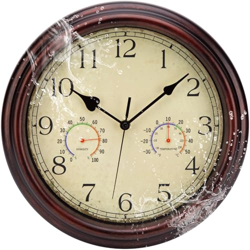 ACCSHINE Outdoor Wasserdicht Wanduhr Ohne Tickgeräusche 30cm Vintage | Uhr Mit Thermometer und Hygrometer Anzeige Wanduhr Lautlos Quarz Batteriebetrieben Groß Deko Garten Wand für Küche Badezimmer