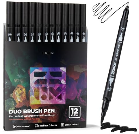ZSCM Schwarz Duo Tip Marker Stifte, 12er Set Feine & Pinselspitze Marker für Adult Coloring Books ohne Durchbluten, Tiefschwarze Marker für Konturen, Skizzieren, Manga und Kalligrafie