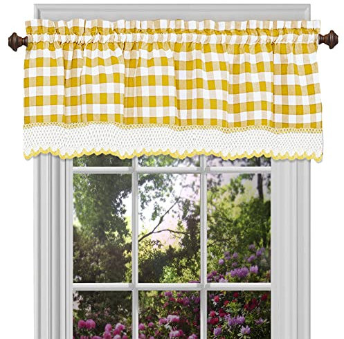 ACHIM Home Décor - Tende per finestre con mantovana a quadri, larghezza 147 cm, lunghezza 35,5 cm, motivo scozzese giallo e bianco, filtrano la luce, per camera da letto, soggiorno e sala da pranzo