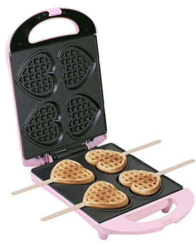 Bestron Waffeleisen für Herzwaffeln am Stiel, Waffelmaker mit Antihaftbeschichtung für Herzform-Waffeln, Retro Design, 780 Watt, Farbe: Rosa