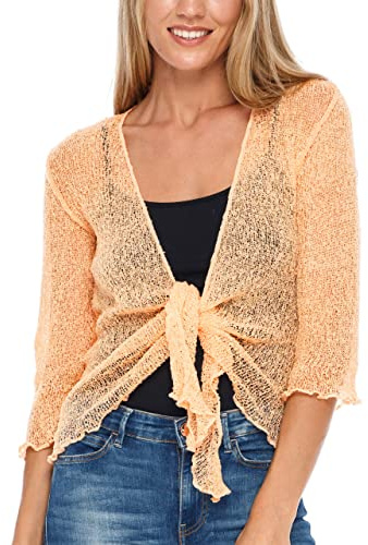 SHU-SHI - Cardigan/boléro à nouer - pour femme - transparent/léger/tricoté - taille unique - pêche