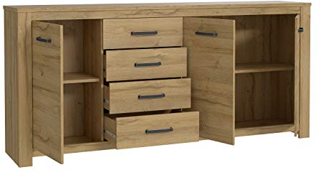 Forte HAVANNA Kommode 200 210, Kommode mit 3 Türen und 4 Schubladen, klassisches Sideboard, Wohnzimmerkommode, Holzwerkstoff, Alteiche Holzdekor, 206 cm breit x 95,7 cm hoch x 42,2 cm tief