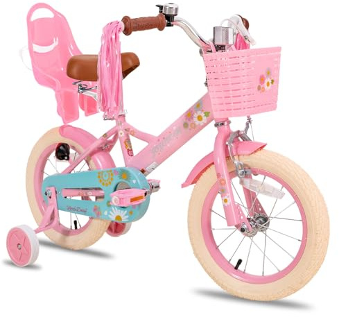 JOYSTAR Little Daisy 14 Inch Kids Bike for 3 4 5 Years Girls with Handbrake Children Princess Bicycle with Training Wheels Basket Streamer Toddler Cycle Bikes Pink