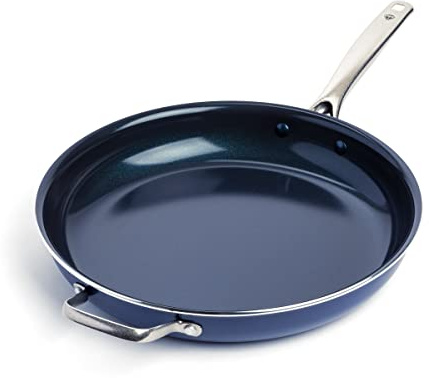 Blue Diamond Cookware 14 Large Frying Pan with Helper Handle, Diamond Infused Healthy Ceramic Nonstick, PFAS & PFOA-Free, Dishwasher & Oven Safe, Even Heating, Easy Clean, Warp Control, Blue