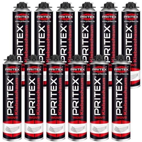 PRITEX – WDVS Klebeschaum 12 x 750 ml zum Isolieren, Fixieren & Befestigen – Dämmstoffkleber mit sehr guter Haftung, niedrigem Aushärtedruck & geringer Nachdehnung – Bauschaum für Montagepistole