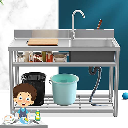 FERFXN Lavello a Una Vasca in Acciaio Inox Lavamani Professionale lavelli Lavello da Cucina Autoportante per Cucina, Ristorante, caffè, Garage, Interno, Esterno 90x50x80cm/35.4x19.7x31.5in Right
