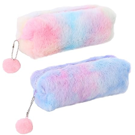 Ownkim Lot de 2 Trousse à Crayons en Peluche Arc-en-Ciel - Trousse à Crayons Souple de Grande Capacité pour Enfants - Rose, Violet