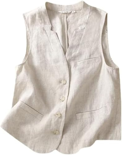 Goolecrimp Gilet Senza Maniche in Lino di Cotone da Donna con Scollo a v e Bottoni Senza Maniche Gilet Estivo con Chiusura a Bottone Gilet da Lavoro da Ufficio (Albicocca,L)