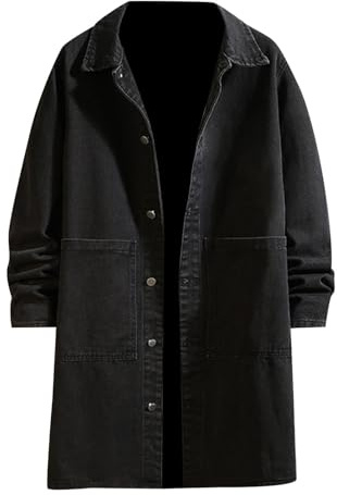Generisch Loisirs Jeans Vestes d'été Hommes Hiver Ample Décontracté Trench Coat Long Manteau en Jean Veste Transition Coton avec Poches (Noir, L), Noir , L