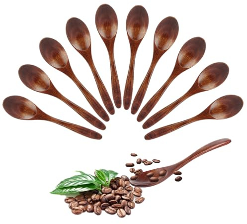 ASelected 10 Stück Holzlöffel Esslöffel 14 CM Honiglöffel Langgriff Küchenutensilien Teelöffel Müslilöffel Küchenzubehör für Tee Kaffee Honig Zucker Gewürz Suppe Reis Mischen Rühren