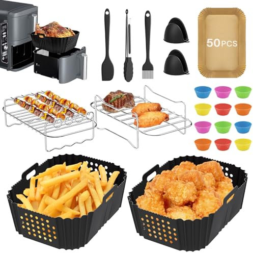 Meltrck 75 Stück Airfryer Zubehör Set für Heißluftfritteuse 9.5L, Heißluftfritteuse Zubehör Kompatibel mit Ninja SL400EU & AF400EU Dual Door, Silikoneinlagen Hitzeschutz 240°C