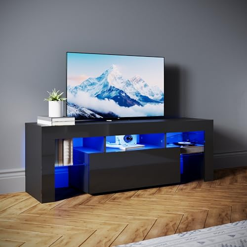 SONNI Mueble TV Negro con Luz LED Ajustable de 12 Colores con Mando a Distancia, Mesa TV Sálon Madera con Estantes Cristal 130 CM