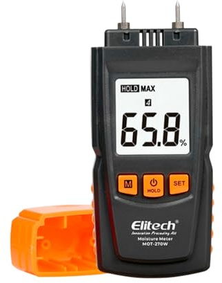 Elitech Medidor de Humedad para Madera, Digital con 4 Tipos de Maderas, Precisión de ±2%, Sonda de 9.8mm para Leña, Papel, Bambú y Materiales de Construcción MOT-270W