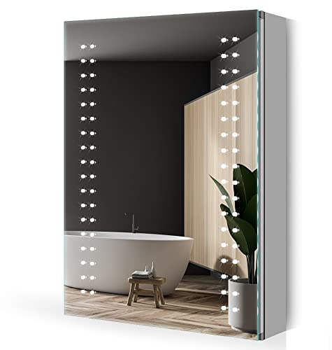 Quavikey® Bathroom Mirror Cabinet wtih Light and Shaver Socket, 50x70 cm LED Bathroom Medicine Cabinet with Mirror and Anti Fog, Wall Mounted, Adjustable Shelves for Space-Saving Storage