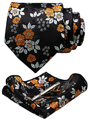 JEMYGINS Set Cravate Homme Motif Floral avec Pochette et Pince a Cravate pour Mariage Business et Ceremonie Noir/Jaune/Blanc
