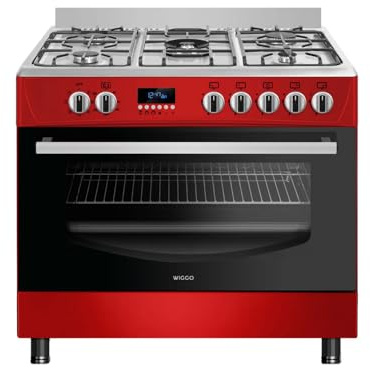 WIGGO Cocina de gas modelo wo-e909r | 90 cm | 5 quemadores | parrilla eléctrica | 110 litros (Rojo/Acero Inoxidable)