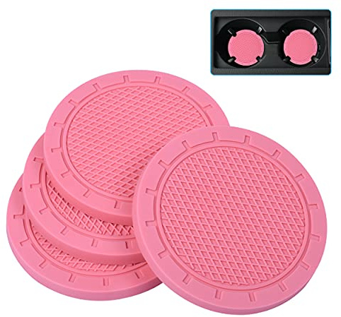 Car Coasters, Wisdompro 4 Pack PVC Car Cup Holder Insert Coaster - Anti Slip Universal Vehicle Interior Accessories Cup Mats for Women(2.75 Diameter, Pink)