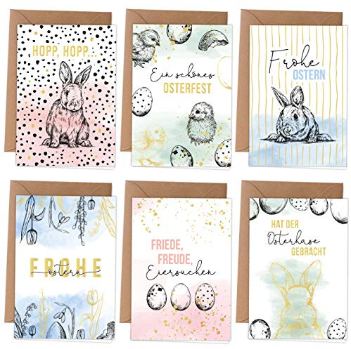 Papierdrachen Biglietti pasquali, 6 biglietti di auguri primaverili con busta per Pasqua, saluti alla famiglia, design elegante per Pasqua, motivo pastello, set 3