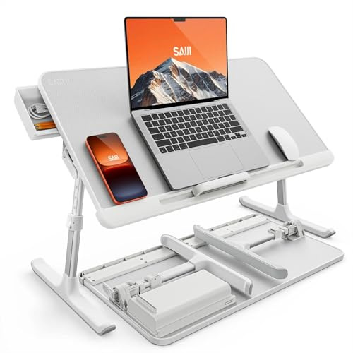 SAIJI Laptop-Bett-Tablett, Verstellbarer PVC-Leder-Laptop-Betttisch, tragbarer Stehpult mit Aufbewahrungsschublade, Faltbarer Schoß-Tablet-Tisch für Sofa, Couch, Boden (Silber) | Passend für 43,2 cm (17 Zoll) Laptop, Arbeit von zu Hause und im Wohnheim, mit Schublade und PVC-Leder