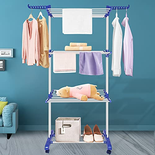 Innotic Clothes Drying Rack，Folding Clothes Rail 4 Tier Clothes Horses Rack Stainless Steel Laundry Garment Dryer Stand with Two Side Wings, clothes airer indoor or outdoor，Blue + Grey