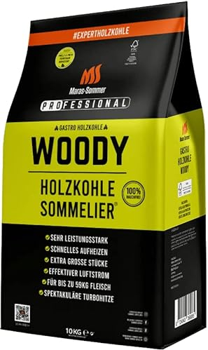 Holzkohle Sommelier® Woody 10kg, Rauchfreie Holzkohle, Feinstaub reduziert nach PM10 & PM2,5! Hochdosierte Holzkohle für wundersame Grillergebnisse und geschmackliche Überlegenheit. Kamado Plus!