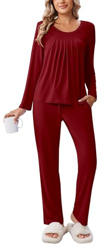 Ekouaer Pigiami Donna Cotone Manica Lunga Pigiama Invernale Due Pezzi Abbigliamento da Notte Tasche con Coulisse, Vino Rosso, M