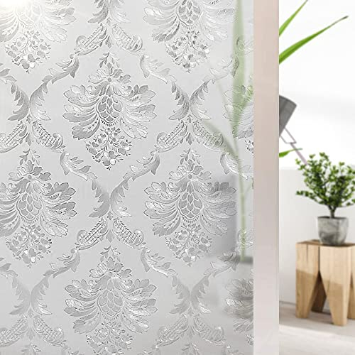 Shackcom Fensterfolie Sichtschutz Selbsthaftend 90x200cm Blickdicht Milchglasfolie Sichtschutzfolie Statisch Haftend Anti-UV Dekorfolie mit Damaskus Blumen Muster für Küche Wohnzimme Badezimmer-J023