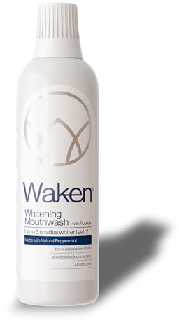 Waken Whitening Mouthwash, clinically Tested whitening Formula for up to 5 Shades Whiter Teeth, Prevents Enamel Stains, Alcohol-Free, Vegan, Recycled Packaging, Natural Peppermint Flavour, 500ml