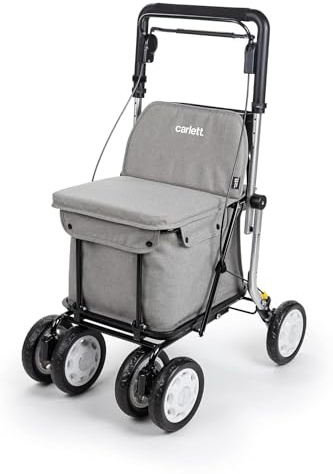 Carlett Rollator und Einkaufstrolley mit Sitz, EU-Medizinprodukt, höhenverstellbarer Griff, Parkbremse, Räder in 3 Positionen, robust – Comfort Assist, Hellgrau