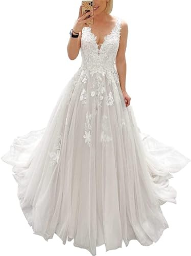 JAEDEN V-Ausschnitt Brautkleider Spitze Hochzeitskleider für Damen A-Linie Tüll Standesamt Kleid mit Schleppe