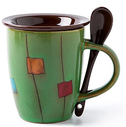 Unique Kiln Glaze Tasse à café en céramique ou tasse à thé avec poignée, couvercle et cuillère, tasses à café vintage de 11,8 oz adaptées for cappuccino, latte, cacao chaud ou thé chaud ( Color : Gree