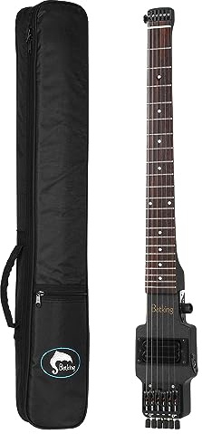 Batking Chitarra elettrica da viaggio, chitarra headless a 6 corde, in un unico pezzo, manico in acero canadese, design attraverso il corpo, ponte fisso in ottone con borsa da concerto