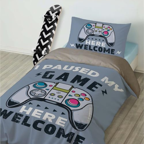 HOMHOMHA Gamer Bedding Set Single Gaming Duvet Cover Set for Kids Boys Youth Teens Gray Gamepad Bed Duvet Video Games Quilt Cover Modern Bedroom Decor, Single 135 x 200 cm