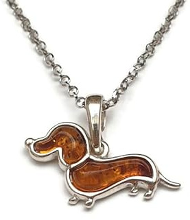 Kiara Jewellery Collar con colgante de perro salchicha de plata de ley 925 con incrustaciones de ámbar báltico marrón en cadena de plata de ley italiana de 45,7 cm., Plata esterlina, Ámbar