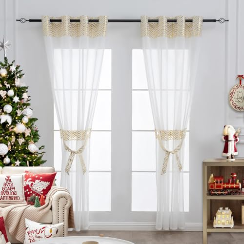 L.Z.E Cortinas Visillos de Navidad Oro Blanco para Salón con Ojales Juego de 2 Cortinas para Comedor con Estampado Dorado Transparente Moderno Largo Alto x Ancho 245x140 cm
