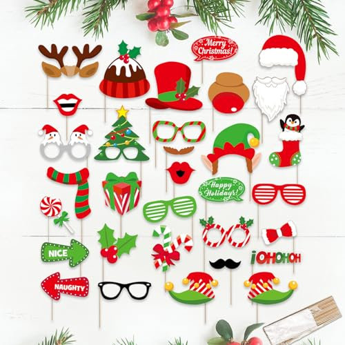 Darryy 32 Stück Foto Requisiten Weihnachten, Fotorequisiten Foto Accessoires, Weihnachten Accessoires - 32-teiliges Foto Accessoires für Die Perfekte Weihnachtsfeier