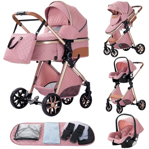 YAZOCO kinderwagen 3 in 1,Kombikinderwagen reisesysteme mit tragbar Wickeltasche Moskitonetz Regenschutz Fußsack, Zusammenklappen, Liegeposition Hohe Landschaft (Rosa)