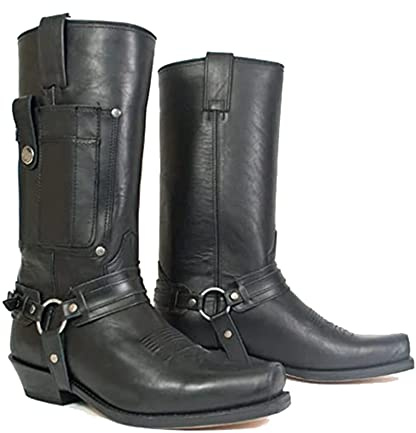 Botas Vaqueras Occidentales de Cuero PU para Hombres - Punta Cuadrada, Estilo Vintage Steampunk, Tacón Bajo, Caña Media, para Jinetes, Motociclistas y Cosplay - Negro, 45