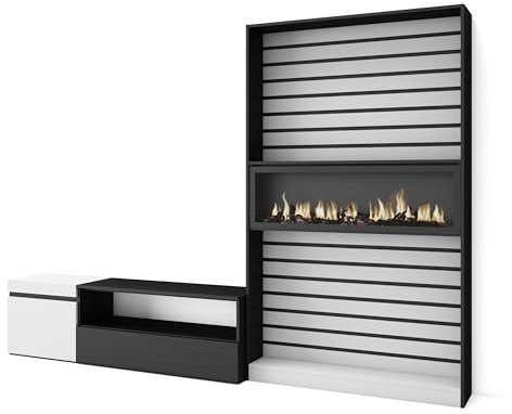 Skraut Home | Wohnwand Wohnzimmer | Wohnzimmermöbel, Möbelset | 260x186x35cm | Für TV-Geräte bis zu 65 | Elektrokamin. Maße | Moderner Stil | Weiß und Schwarz