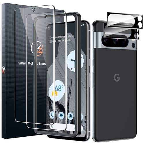LK 2 Pack for Google Pixel 8 Pro Screen Protector [New Version] + 2 Pack Camera Lens Protector, Fit Lens Cutouts Ports, Support Fingerprint Unlock, Bubble-Free, with Easy Installation Tool