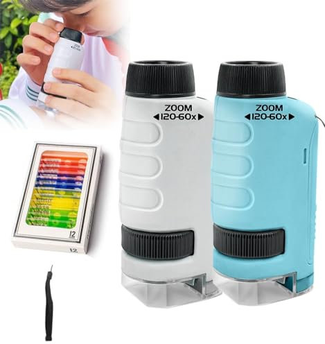 PKKP Taschenmikroskop für Kinder, 60x-120x Tragbares Handmikroskop mit LED, Miniskop mit 12 Mikroskop-Objektträgern, Mikroskop für Kinder, Mini Mikroskop für Haus Schule Labor (Blau+Weiß)